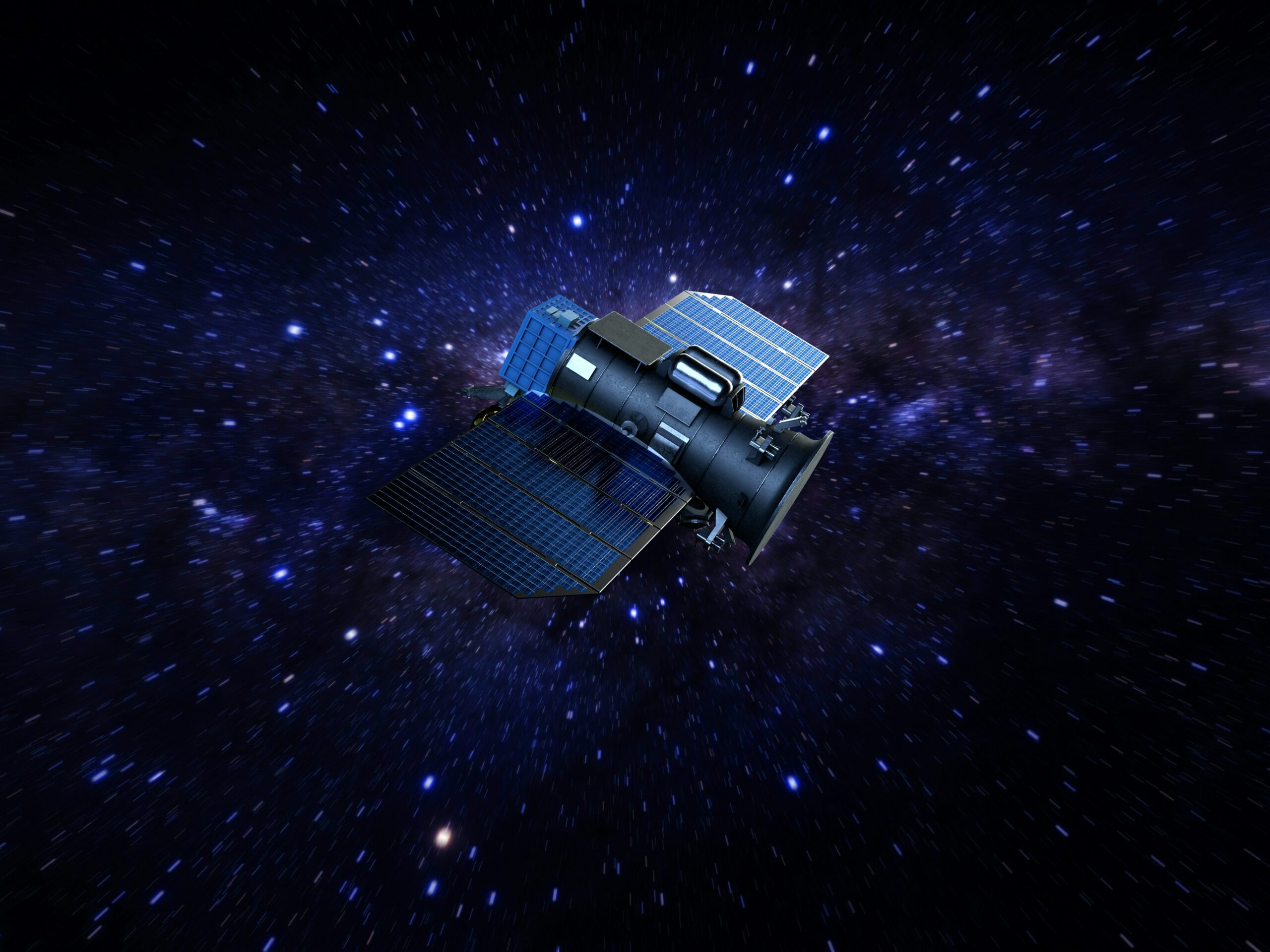 An artist's rendering of a satellite in space. The satellite is seen floating amongst the stars in a dark blue region in space.