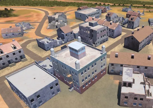 A 3D rendering of various buildings in what appears to be a town in a flatland. Multiple buildings are dilapidated; some have exposed roofs, while others have missing walls. The area is a brown plains, with forested spots in the far background.