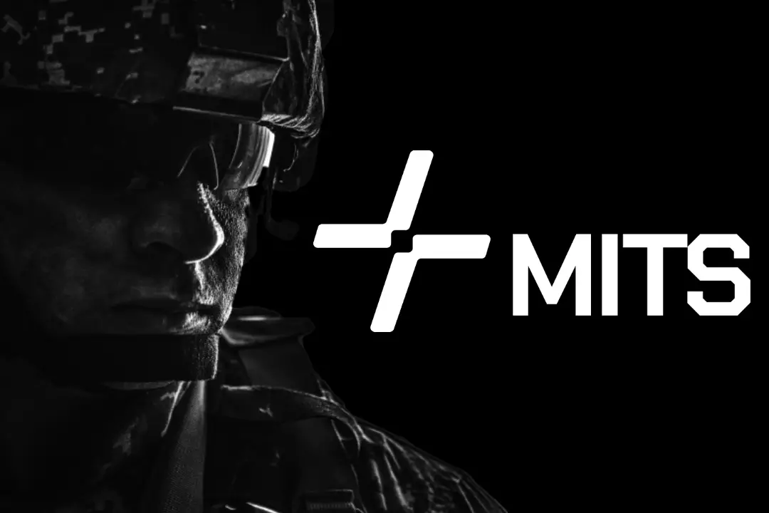 The white logo of the Military Innovation Technology Solutions (MITS) Program is seen in the center of the black and white image. The symbol is a stylized plus sign with its middle hollowed out, and the north and west-pointing arms split away from the east and south-pointing arms. "MITS" is written in all caps by the right of the logo. A closeup image of a uniformed, camouflaged soldier serves as the background on the left side of the image.
