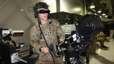 Spc. Tanner James Peake, a company commander’s loader on the Abrams tank with B Company, 1st Battalion, 8th Cavalry Regiment, 2nd Armored Brigade Combat Team, 1st Cavalry Division, wears virtual reality goggles while manning a replicated belt-fed, gas-operated M240 Machine Gun chambered in 7.62 mm as he helps the Army test the Synthetic Training Environment system, as part of the Reconfigurable Virtual Collective Trainer, at Fort Cavazos, Texas. (Mr. Michael M. Novogradac, U.S. Army Operational Test Command public affairs officer)