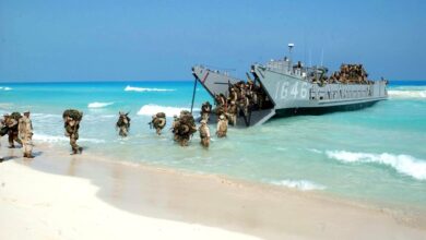 U.S. Marines from Expeditionary Strike Group One, 13th Marine Expeditionary Unit disembark a landing craft utility ship during the amphibious landing exercise at Bright Star '05. Bright Star is an eleven-nation biennial event that is being hosted by Egypt.