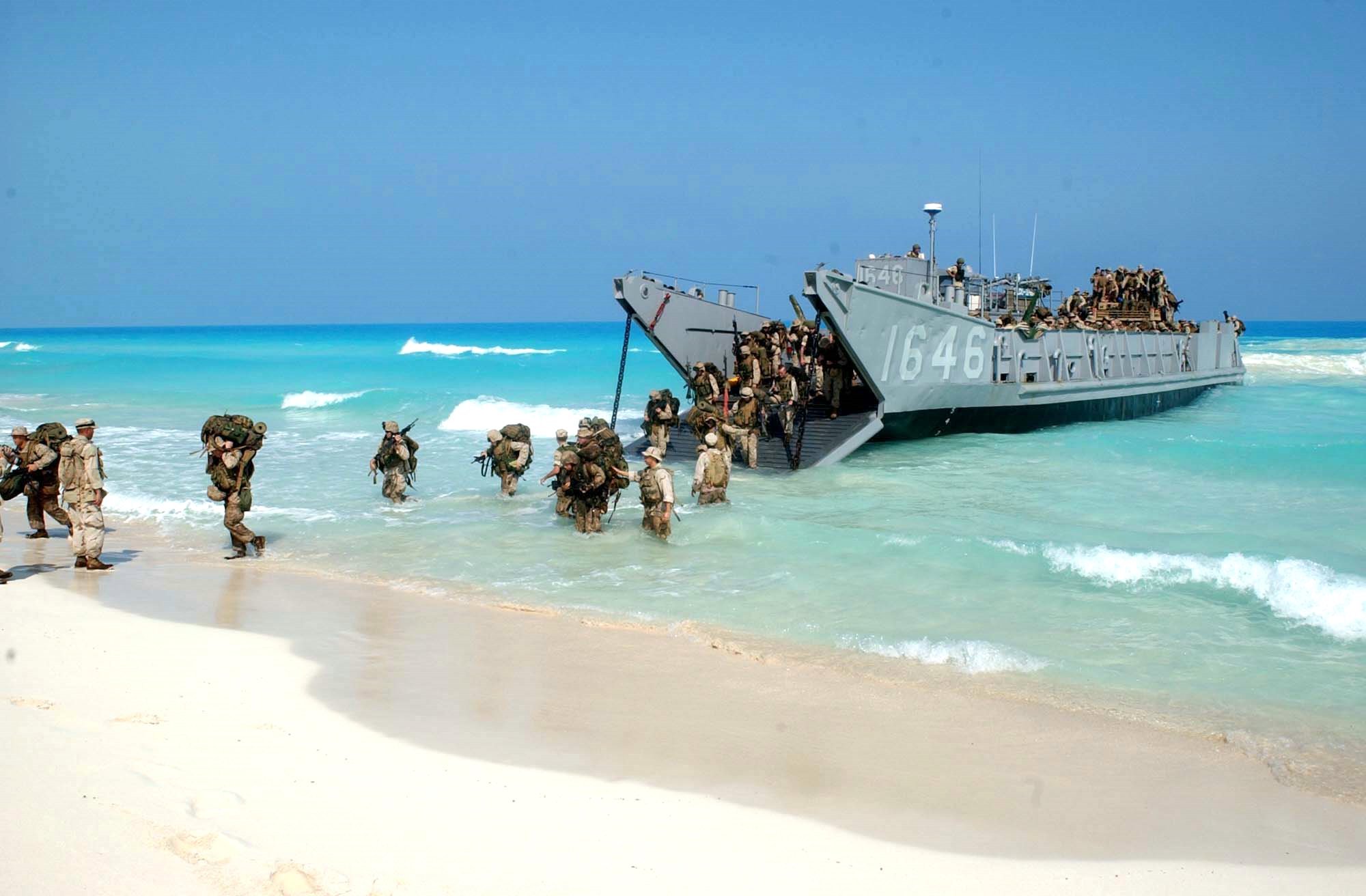 U.S. Marines from Expeditionary Strike Group One, 13th Marine Expeditionary Unit disembark a landing craft utility ship during the amphibious landing exercise at Bright Star '05. Bright Star is an eleven-nation biennial event that is being hosted by Egypt.
