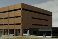This rendering shows the location of the new AIMR-2C, or Artificial Intelligence and Machine Learning Research Center Capability Project, adjacent to the main entrance of building 653 at Wright-Patterson Air Force Base, Dayton, Ohio. The AIMR-2C will be a 6,000-square-foot lab space dedicated to interactive data visualization which was made possible by a $4 million Office of Secretary of Defense Centralized Laboratory Investment Program award. (U.S. Air Force illustration)