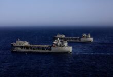 220726-A-EQ028-1350 GULF OF ADEN (July 26, 2022) Expeditionary sea bases USS Hershel “Woody” Williams (ESB 4) and USS Lewis B. Puller (ESB 3) sail together in the Gulf of Aden, July 26. Lewis B. Puller is deployed to the U.S. 5th Fleet area of operations to help ensure maritime security and stability in the Middle East region. (U.S. Army Photo by Spc. Frederick Poirier)