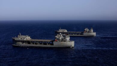 220726-A-EQ028-1350 GULF OF ADEN (July 26, 2022) Expeditionary sea bases USS Hershel “Woody” Williams (ESB 4) and USS Lewis B. Puller (ESB 3) sail together in the Gulf of Aden, July 26. Lewis B. Puller is deployed to the U.S. 5th Fleet area of operations to help ensure maritime security and stability in the Middle East region. (U.S. Army Photo by Spc. Frederick Poirier)
