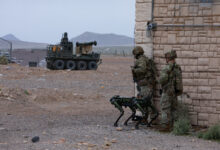 U.S. Soldiers assigned to the 1st Battalion, 29th Infantry Regiment, based out of Fort Moore, Ga., take part in a human machine integration demonstration using the Ghost Robotic Dog, and the U.S. Army Small Multipurpose Equipment Transport (SMET) of new U.S. Army capabilities at Project Convergence - Capstone 4 in Fort Irwin, Calif., March 15, 2024. The robotic dog is a mid-sized, high-endurance, agile unmanned ground vehicle that provides enhanced reconnaissance and situational awareness supporting Soldiers on the ground. The SMET is an eight-wheeled, enabling robotic technology serving as a “robotic mule” with a wide range of flexibility to operate in combat, combat support and combat service support operations. (U.S. Army photo by Spc. Samarion Hicks)
