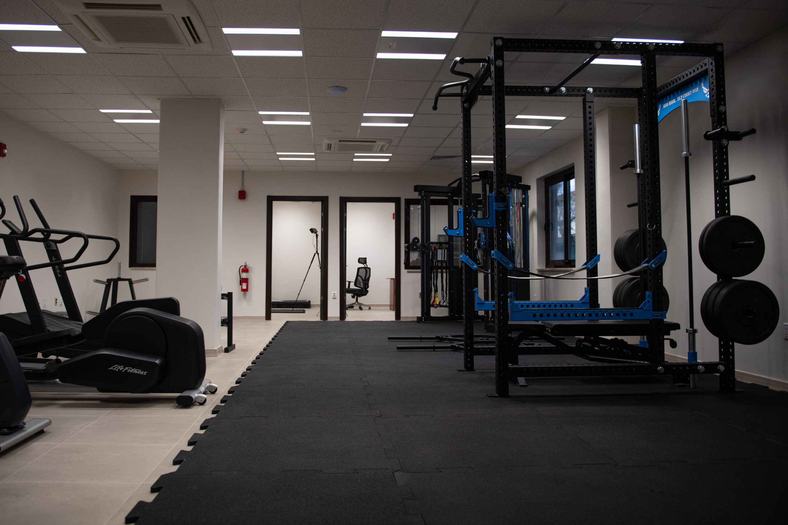 Exercise equipment is displayed inside the new Operational Support Team building at Incirlik Air Base, Türkiye, March 27, 2024. The new building is able to provide the OST their own space to work with their embedded squadron while also providing services to the wing. (U.S. Air Force photo by Staff Sgt. Suzie Plotnikov)