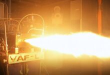 The Air Force Research Laboratory, or AFRL, Rocket Propulsion Division, recently designed, printed, built and hot fired a first-ever, single-block rocket-engine thrust chamber additively manufactured using a process called laser powder directed energy deposition, or DED. DED is an additive manufacturing process in which the device injects metal powder into focused beams of high-power laser in highly controlled atmospheric conditions. The Hotfire of the thrust chamber is shown in the Experimental Cell 1 (EC-1) at the AFRL Rocket Lab. (U.S. Air Force photo)
