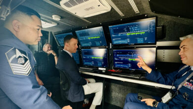 USSF Guardians get a first look at the SCAR system’s backend mission services inside the BlueHalo mobile command center during Space Symposium 2024 in Colorado Springs, CO.