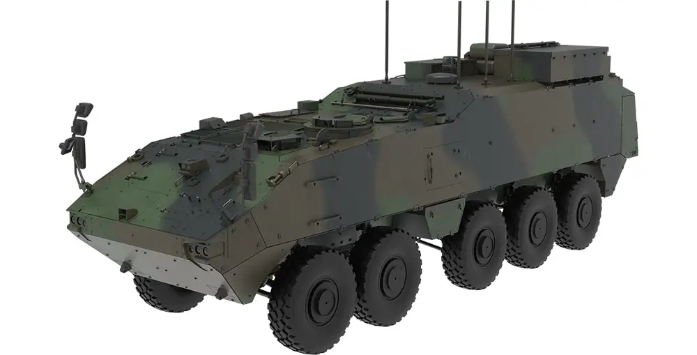 The Piranha Heavy Mission Carrier. The vehicle is painted in dark green, brown and black camouflage. It has ten wheels and is fitted with rigid armor. It has four antennae on its body all pointing upwards, and three sets of what appears to be side mirrors installed.