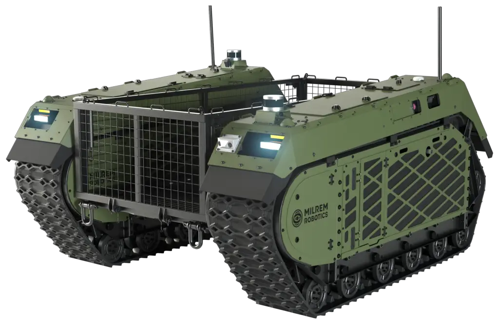 The THeMIS unmanned ground vehicle (UGV). The UGV is a tracked vehicle that has a hollow, rectangular body that can be used to transport equipment. The vehicle's chassis is painted deep green.