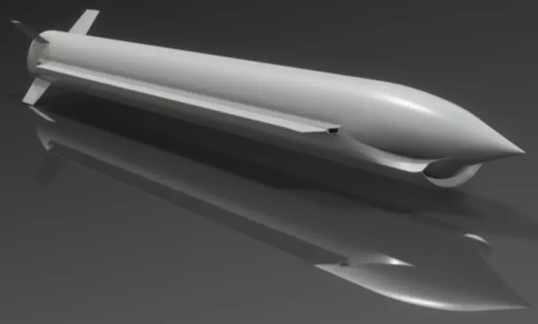 A 3D concept image of the 3SM Tyrfing supersonic strike missile. The missile has a straight, sleek body, with a pointed head and four fins on the back. It is entirely painted in white.
