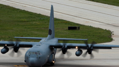A C-130J Super Hercules prepares to taxi at Dyess Air Force Base, Texas, April 28, 2023. The C-130J contains an external fuel tank, allowing for long distance travel. (U.S. Air Force photo by Airman 1st Class Alondra Cristobal Hernandez)