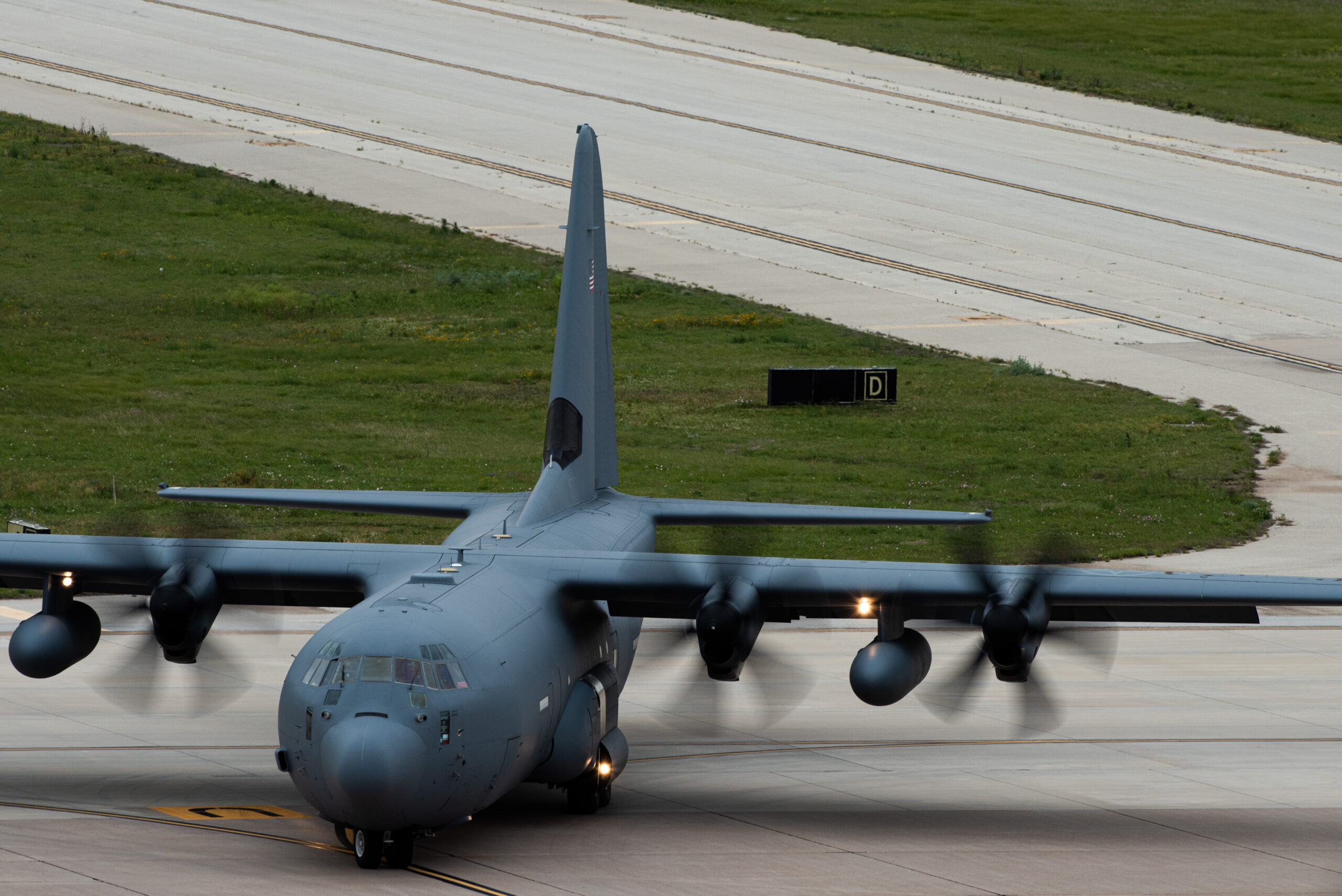 A C-130J Super Hercules prepares to taxi at Dyess Air Force Base, Texas, April 28, 2023. The C-130J contains an external fuel tank, allowing for long distance travel. (U.S. Air Force photo by Airman 1st Class Alondra Cristobal Hernandez)