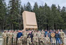 Soldiers from the U.S. Army’s Air Defense Artillery community stand in front of the IFPC-HPM system alongside Epirus support staff following New Equipment Training in March. The Soldiers here will eventually take possession of the four delivered IFPC-HPM systems to operate this capability.
