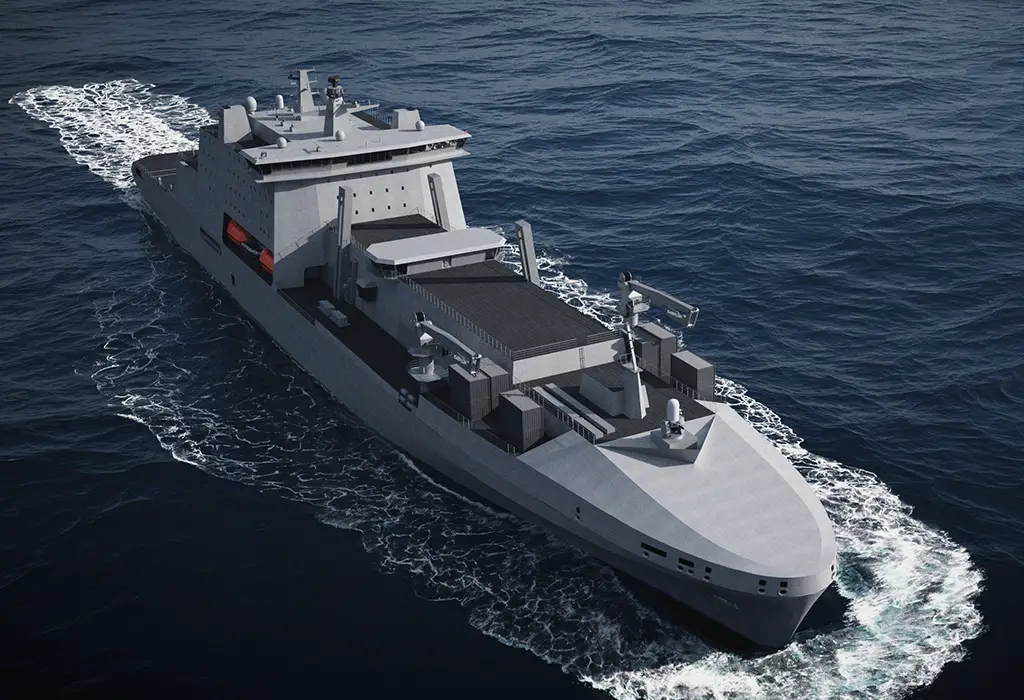 An artist's rendering of a Fleet Solid Support Ship. The gray ship is seen sailing in calm, deep blue waters.