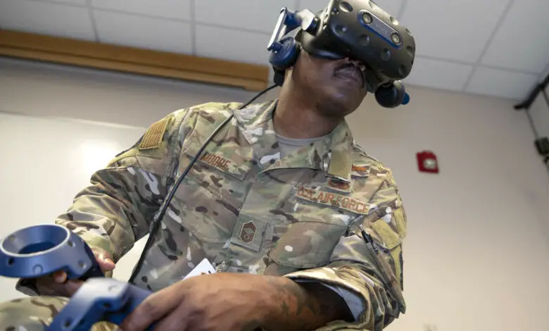 US Air Force member using virtual reality headset