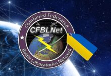 The logo of the Combined Federated Battle Laboratories Network with a tag with the Ukrainian flag's colors attached to it. The logo has a violet rim, with a globe in the middle of the layout with two satellites hovering above it. A sword and yellow lightning symbol is laid out on an X pattern over it. The upper middle part of the logo has the acronym "CFBLNet" written in a big white font.
